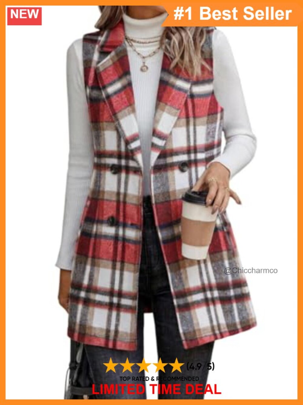 Long Tweed Vest Sleeveless Blazer Jacket Wool Blend Plaid Business Casual